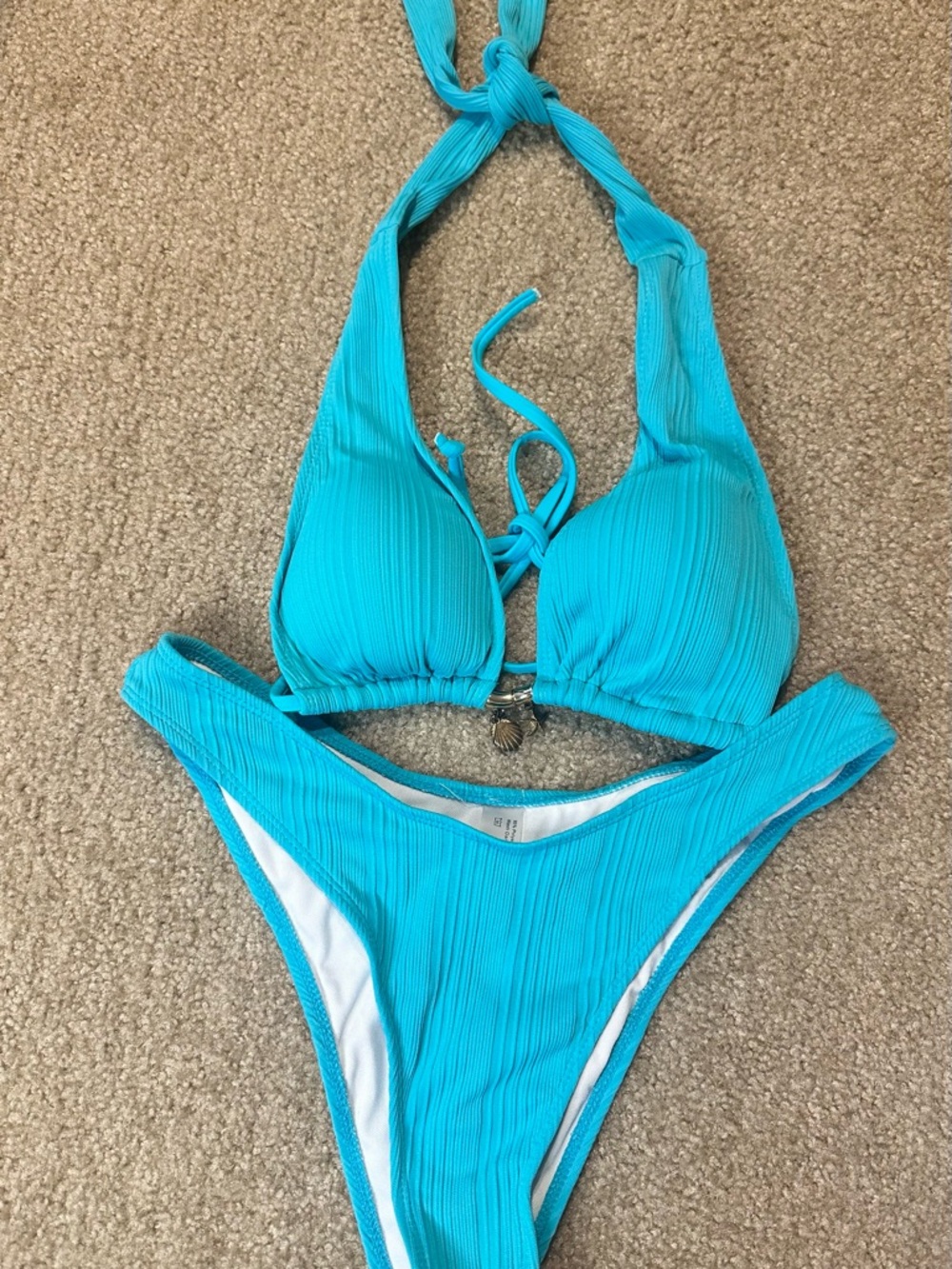 Turquoise Ribbed Halter Bikini Set - Women Swim
